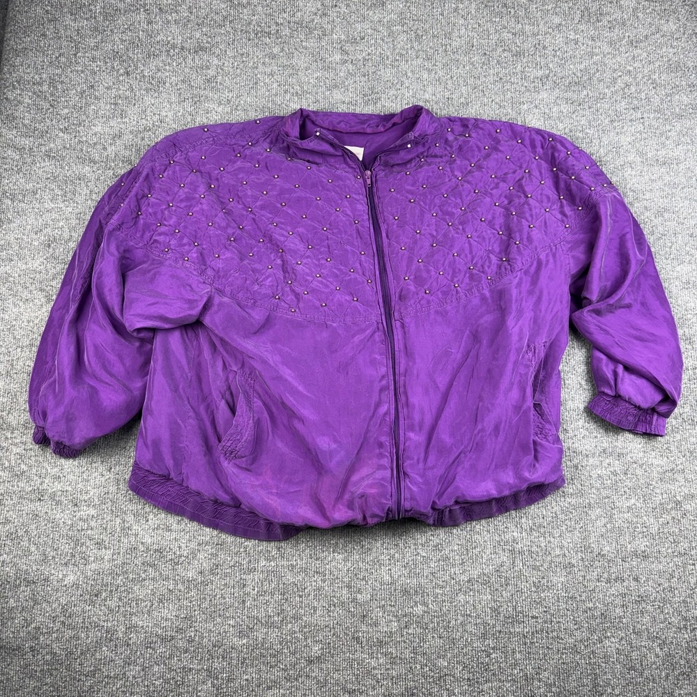 Vintage Rhoda Lynne Jacket Womens Large Purple Quilted Studded Bomber 80s